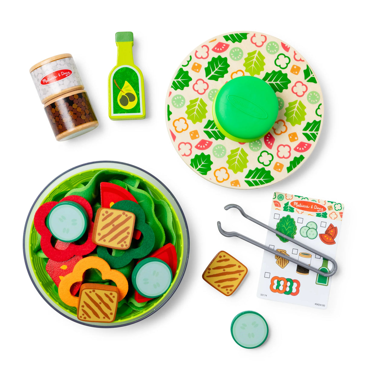 Salad Spinner with wooden lid, plush lettuce, felt veggies, tongs, salt and pepper grinder, and olive oil bottle play set.