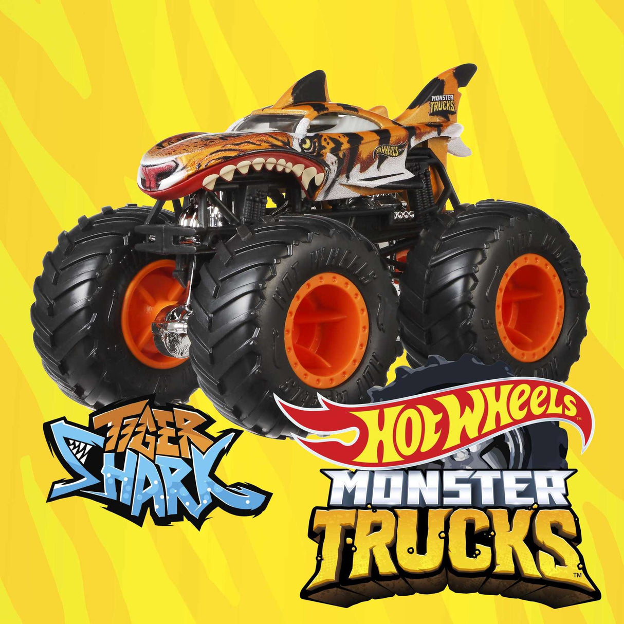 Hot Wheels Monster Truck 1:64 Tiger Shark die-cast toy with giant tires and detailed shark design on yellow background