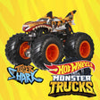Hot Wheels Monster Truck 1:64 Tiger Shark die-cast toy with giant tires and detailed shark design on yellow background