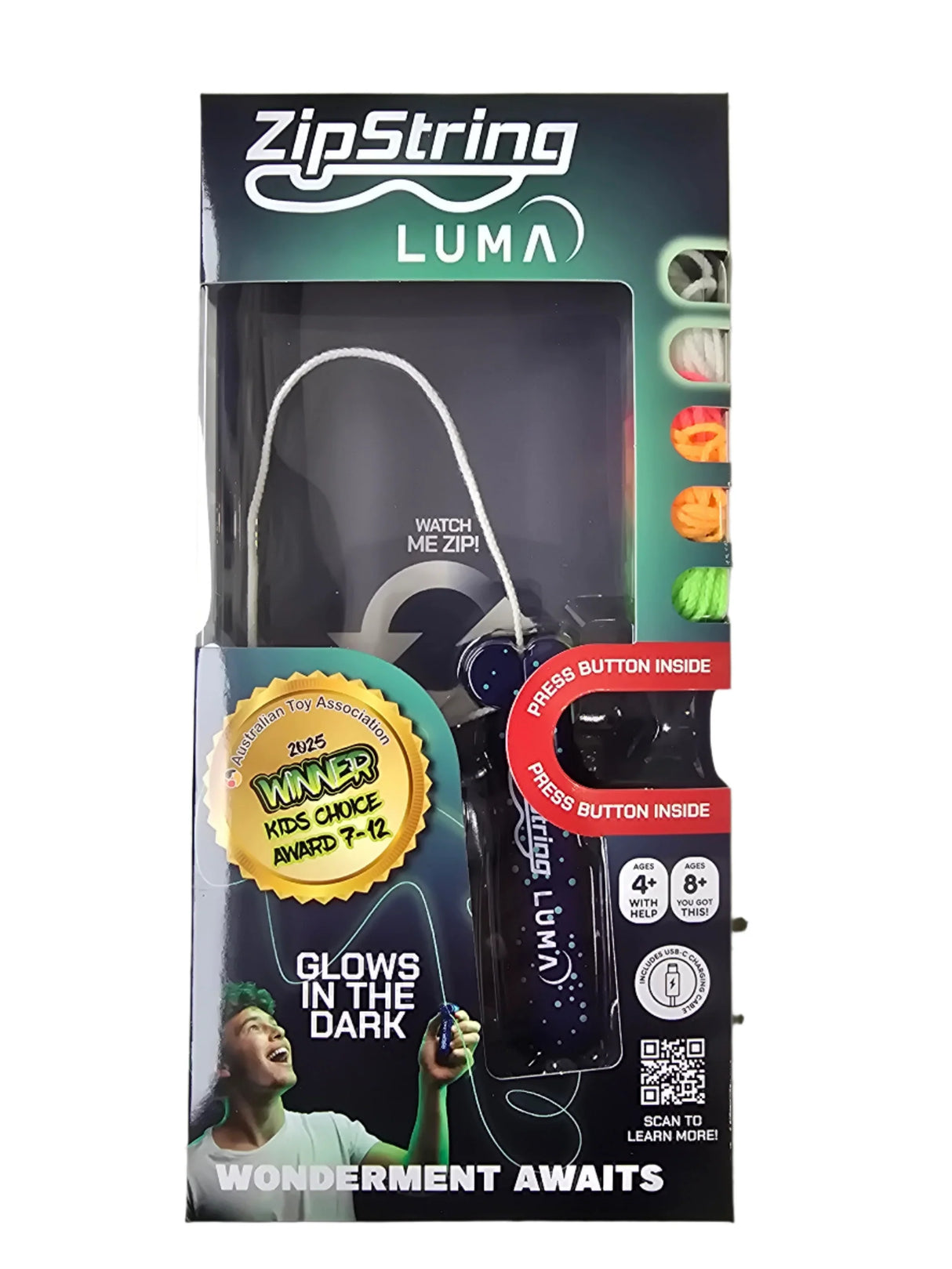 ZipString Luma glow-in-the-dark toy with looped strings in glowing colors for creative play and tricks.