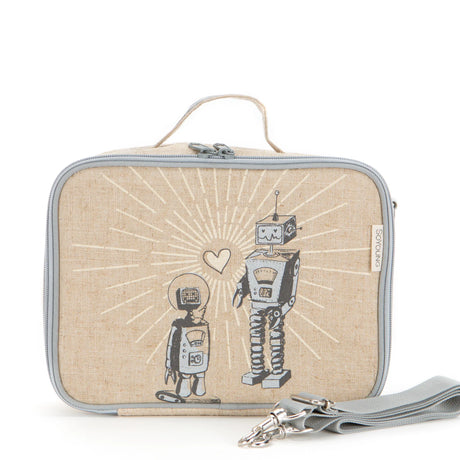 Lunch Box | Robot Playdate with washable linen exterior and cute robot design, insulated interior, and detachable strap.