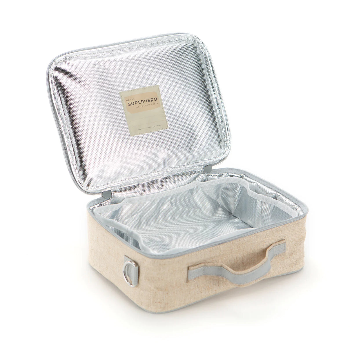 Open insulated kids lunch box with linen exterior and removable liner for easy cleaning, Lunch Box | Robot Playdate.