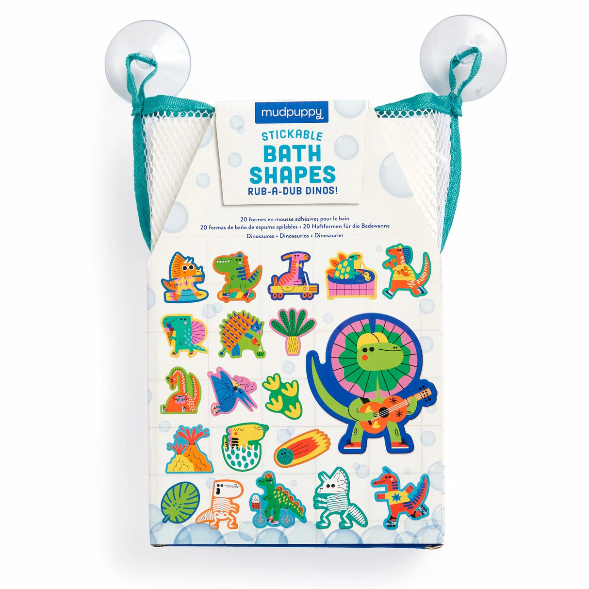 Bath Shapes Rub a Dub Dino stickable foam dinosaur shapes in mesh bag with suction cups for bath time fun.