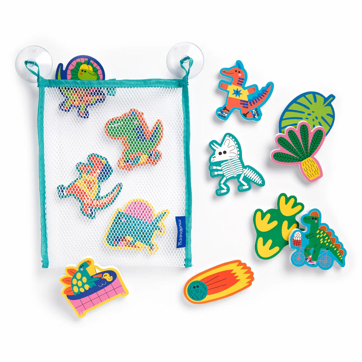 Bath Shapes Rub a Dub Dino colorful foam dinosaur bath shapes with mesh storage bag and suction cups for toddlers.