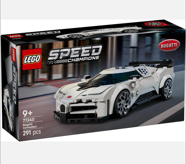 LEGO Speed Bugatti Centodieci model kit with 291 pieces, designed for kids ages 9 and up to build and display.