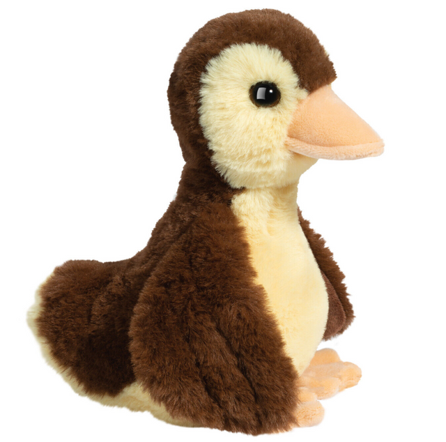 Duck Baby Mallard Mallorie plush toy with soft brown and yellow fur, safe for children 24 months and up, 7.5 inches tall.
