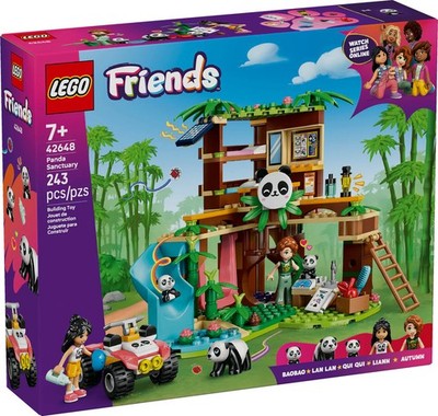 LEGO Friends Panda Sanctuary playset with treehouse, pandas, animal care tools, slide, and ATV for imaginative conservation play.