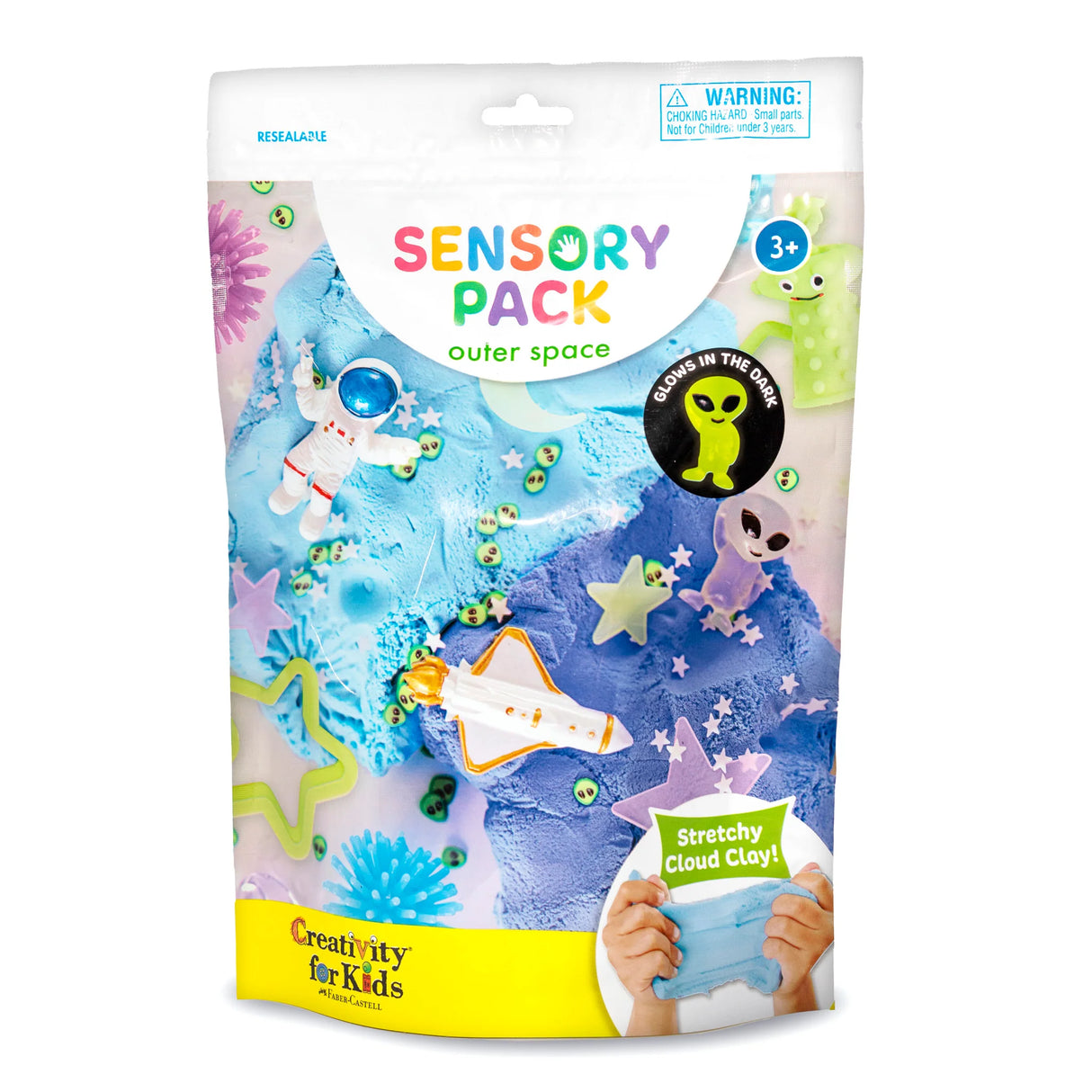 Sensory Pack | Outer Space with stretchy cloud clay, space toys, and glow-in-the-dark aliens for sensory play ages 3 and up.