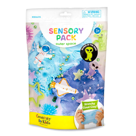 Sensory Pack | Outer Space with stretchy cloud clay, space toys, and glow-in-the-dark aliens for sensory play ages 3 and up.