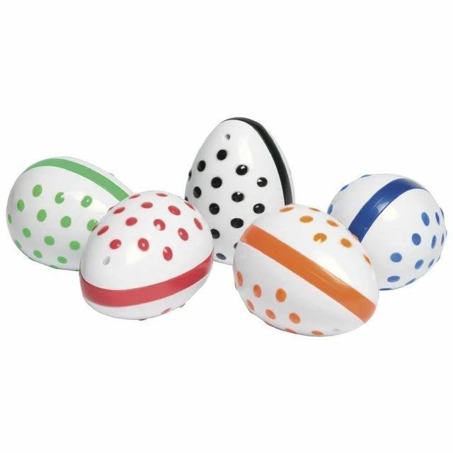 Easy Grip Egg Shaker with colorful painted bumps in assorted colors, designed for easy holding and safe play.