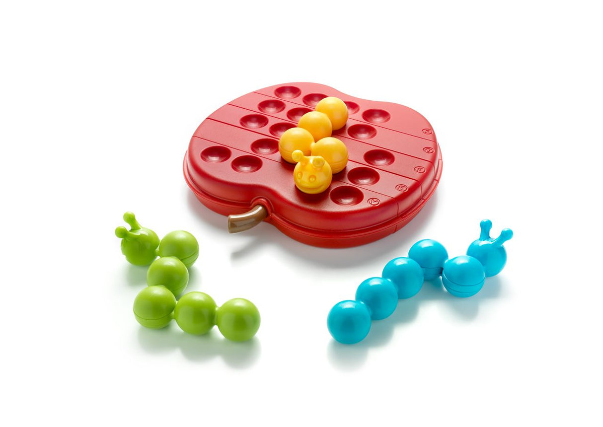 Apple Twist puzzle game with colorful caterpillars and red apple-shaped twisting board for kids 5 and up.