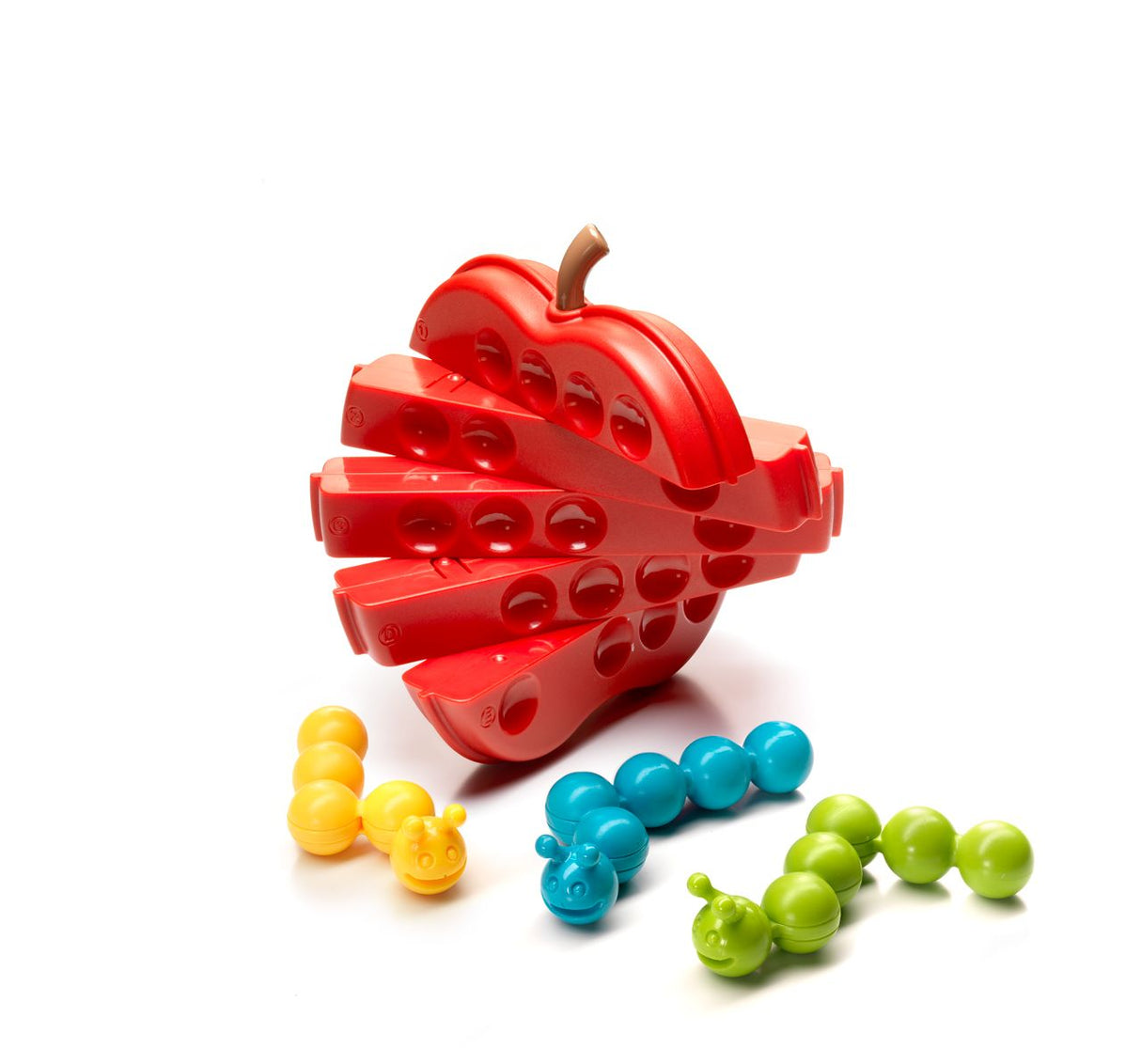 Apple Twist game featuring a red twisting apple puzzle with colorful caterpillar pieces for kids 5 and up.