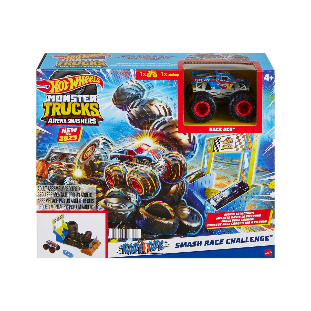 Hot Wheels Monster Trucks Arena Smashers Race Ace Smash Race Challenge playset with Race Ace truck and smash obstacles.