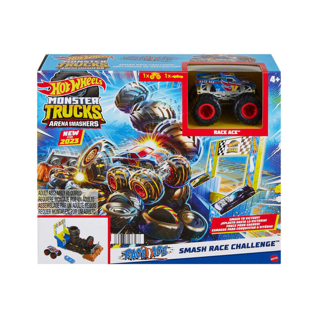 Hot Wheels Monster Trucks Arena Smashers Race Ace Smash Race Challenge playset with Race Ace truck and smash obstacles.