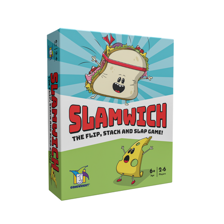 Slamwich game box featuring animated sandwich and cheese characters for 2-6 players ages 6 and up, fun card game.