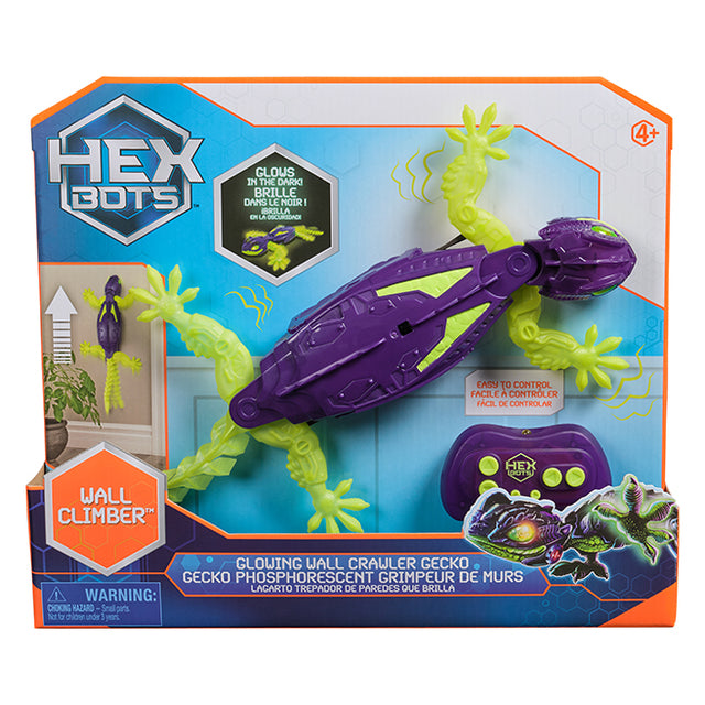 Hex Bots Wall Crawler Gecko toy with glowing limbs and remote control for climbing walls and crawling on floors.
