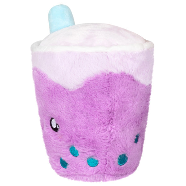 Plush purple bubble tea snackers with smiling face and blue straw, soft polyester fiber, perfect gift for boba fans.