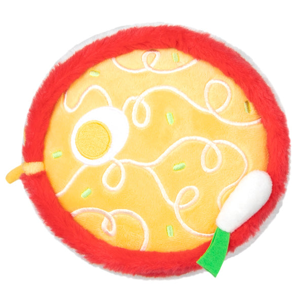 Ramen Snackers plush toy with noodle details, a red bowl edge, and a cute white radish decoration.