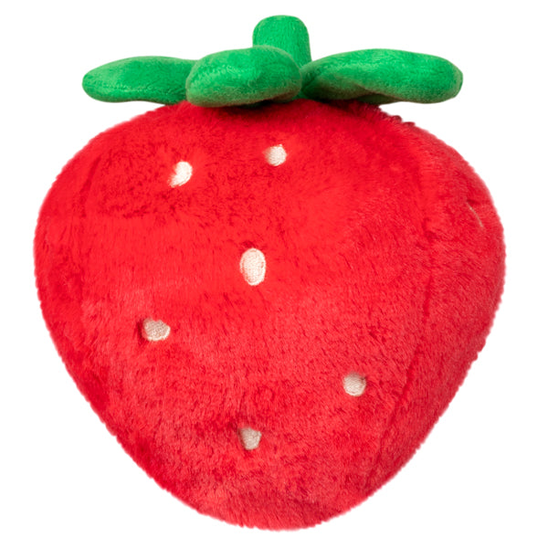 Soft and cuddly strawberry plush with green leaves, perfect for kids and fans, named Strawberry Snackers.