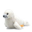 Seal Pup Aro plush toy, soft white baby seal with stitched whiskers and safety eyes, made by Steiff, 8 inches tall.