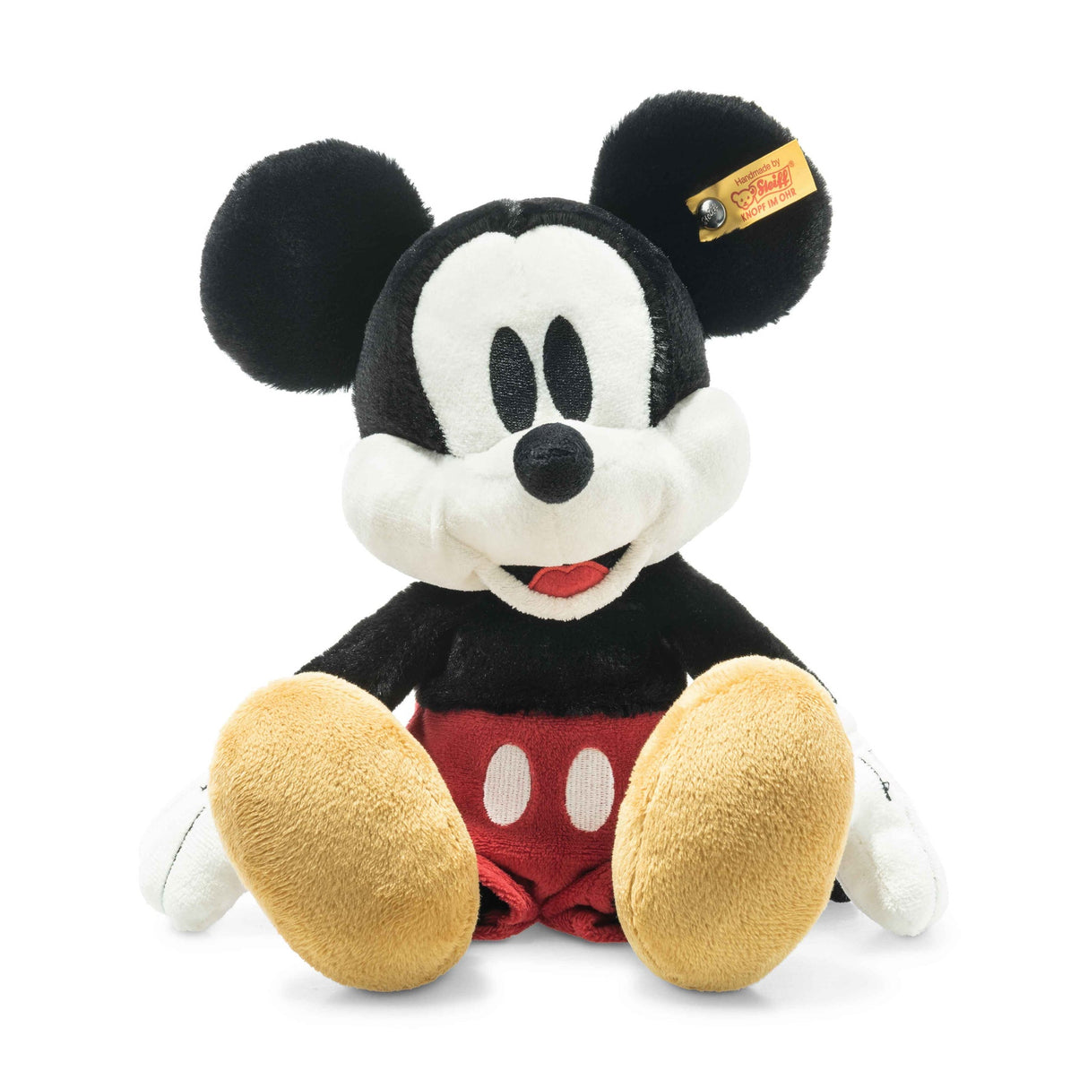 Disney's Mickey Mouse plush by Steiff with soft fabric, vibrant outfit, and signature button in ear for collectors and kids.