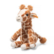 Soft cuddly giraffe toy with black eyes and plush spots sitting upright, the Giraffe Baby Gina for kids.