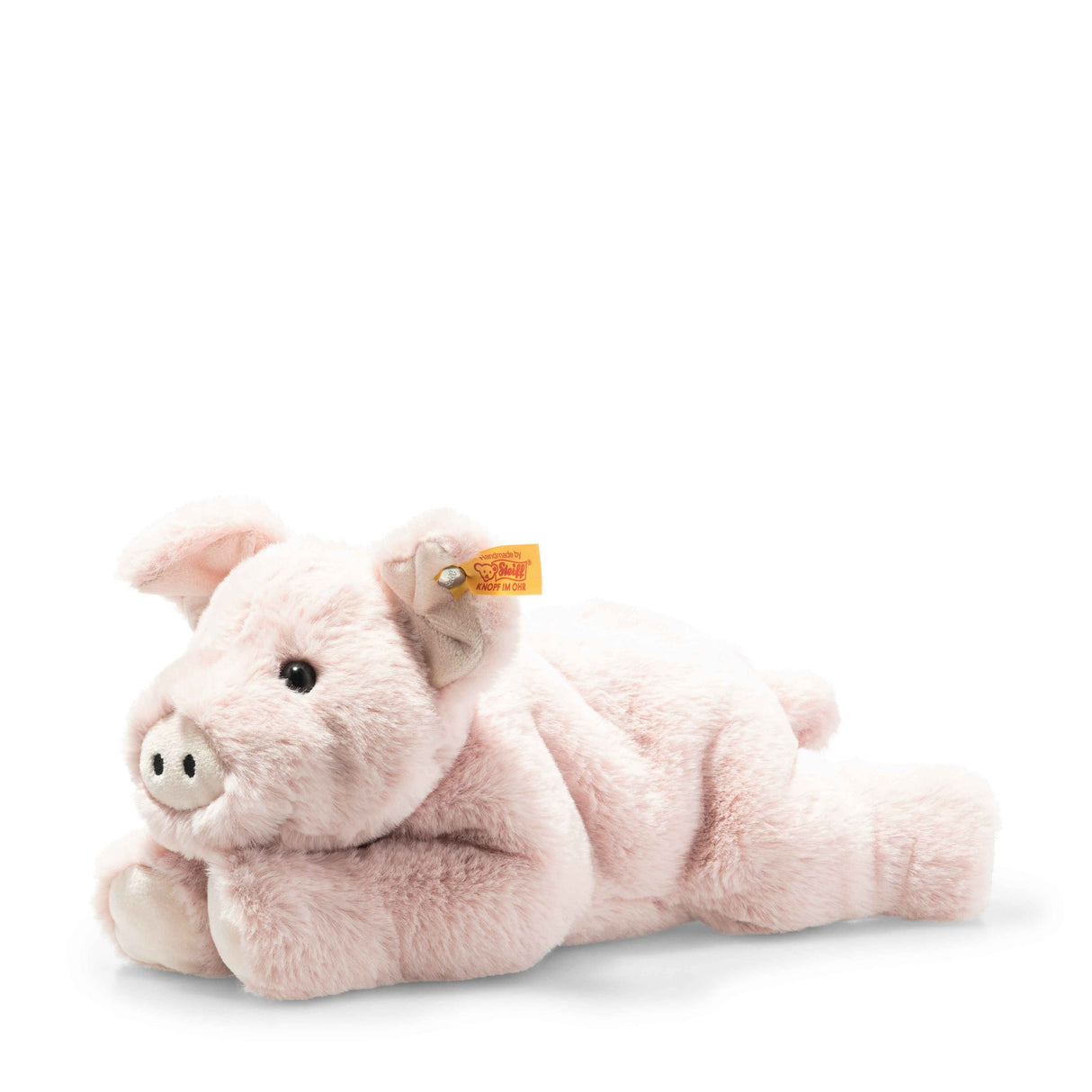Pig Piko Soft Cuddly plush pig lying down, pink with white ears, snout, and hooves, soft and cuddly 11 inches long.