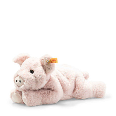 Pig Piko Soft Cuddly plush pig lying down, pink with white ears, snout, and hooves, soft and cuddly 11 inches long.