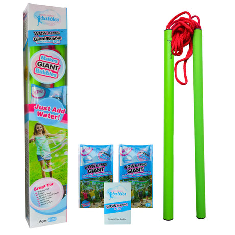 WOWmazing Giant Bubble Wand & Concentrate Kit with 2-handle wand, bubble concentrate pouches, and tips booklet for giant bubbles.