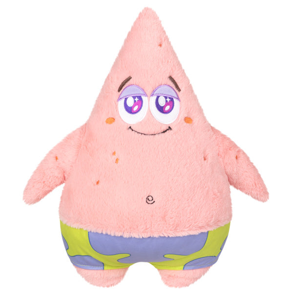 Spongebob Patrick plush toy showing pink starfish with purple eyes and green patterned shorts, soft polyester fiber.