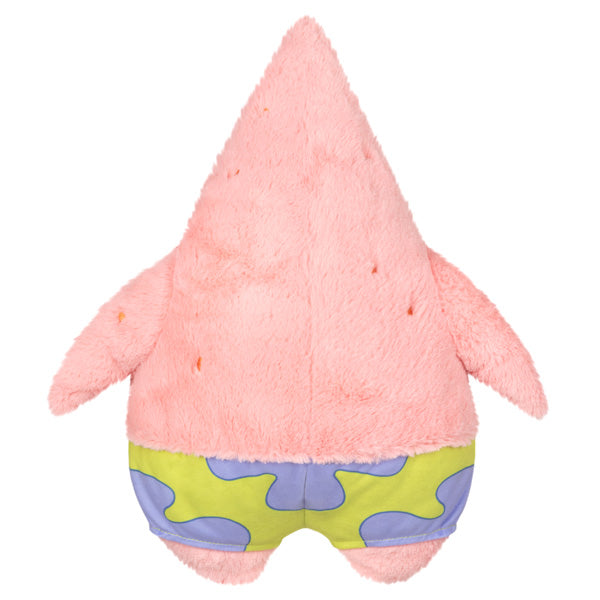 Spongebob Patrick plush showing the back with pink soft fabric and green and purple shorts, perfect for all ages.