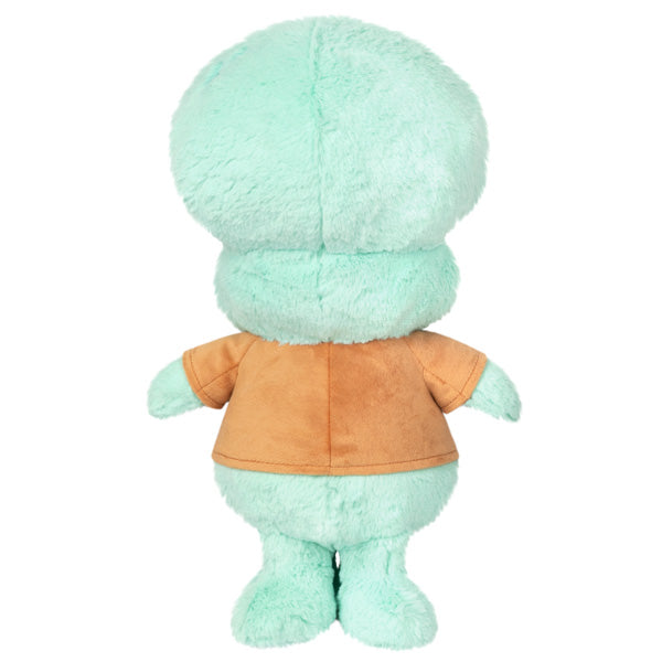 Spongebob Squidward plush showing the back view with his iconic brown shirt and light blue-green soft texture.