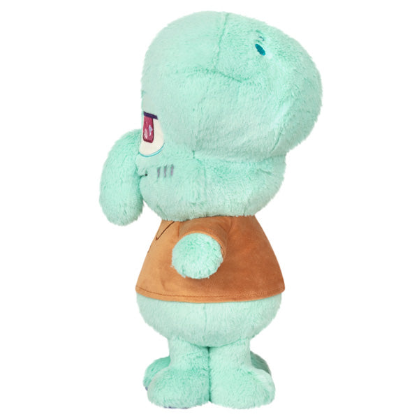 Spongebob Squidward plush toy side view showing light green polyester fiber and brown shirt, 12x7x13.5 inches.