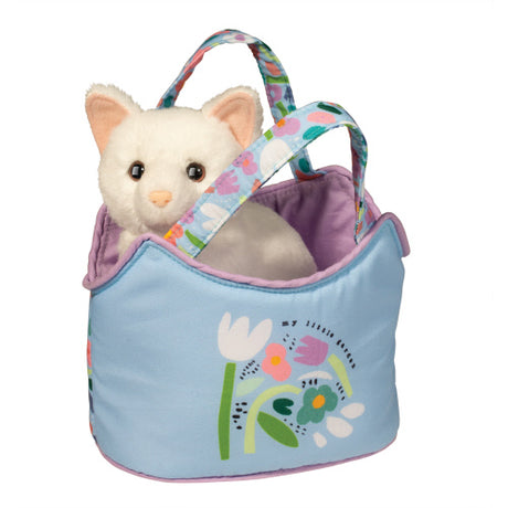 PetSak My Little Garden Cat with a soft white kitten in a blue floral garden petsak bag, 7 inches wide.