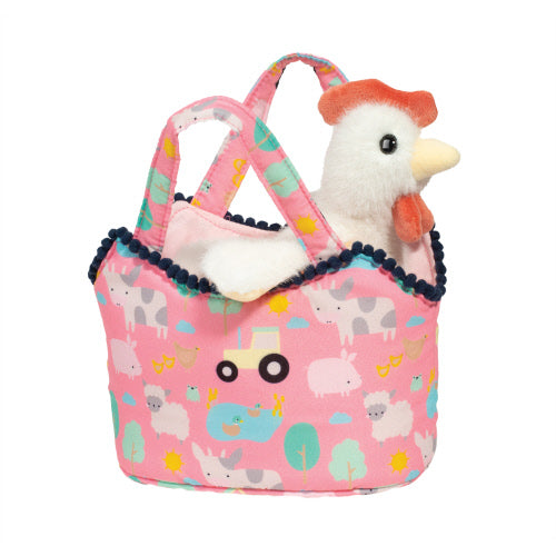 PetSak Farm Friends Hen with removable plush hen in a pink farm animal print carrier, 7 inches wide and portable.