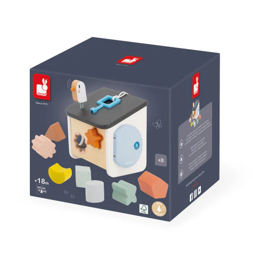 Sweet Cocoon Bird House Shape Sorter with 8 wooden shapes, key, and spring bird for toddler learning and play.