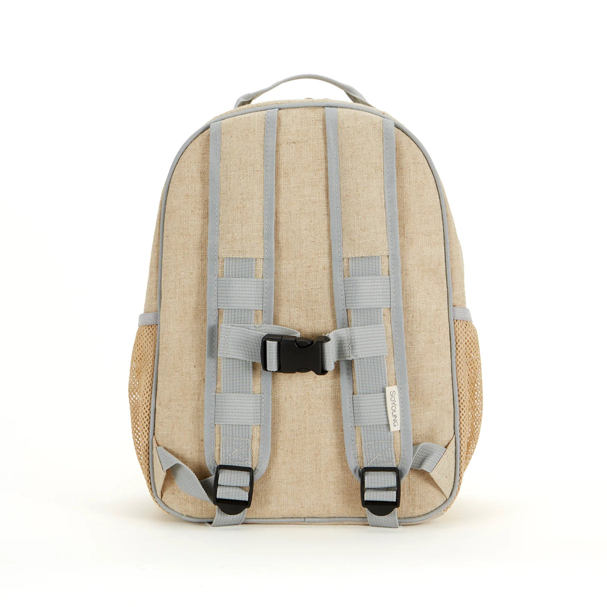 Backpack Toddler | Robot Playdate with beige linen exterior, adjustable straps, chest clip, and mesh side pockets visible from back view.