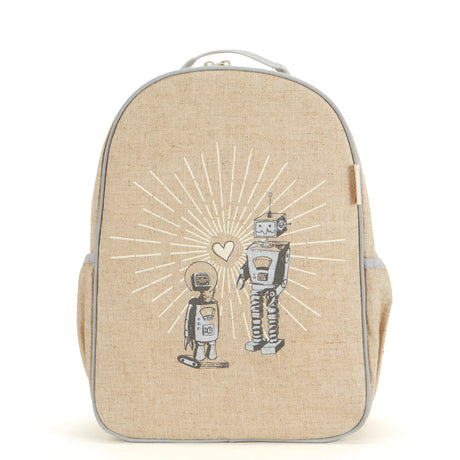 Backpack Toddler | Robot Playdate with linen/cotton fabric and cute robot design for preschoolers aged 2-5.