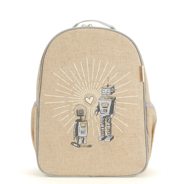 Backpack Toddler | Robot Playdate with linen/cotton fabric and cute robot design for preschoolers aged 2-5.