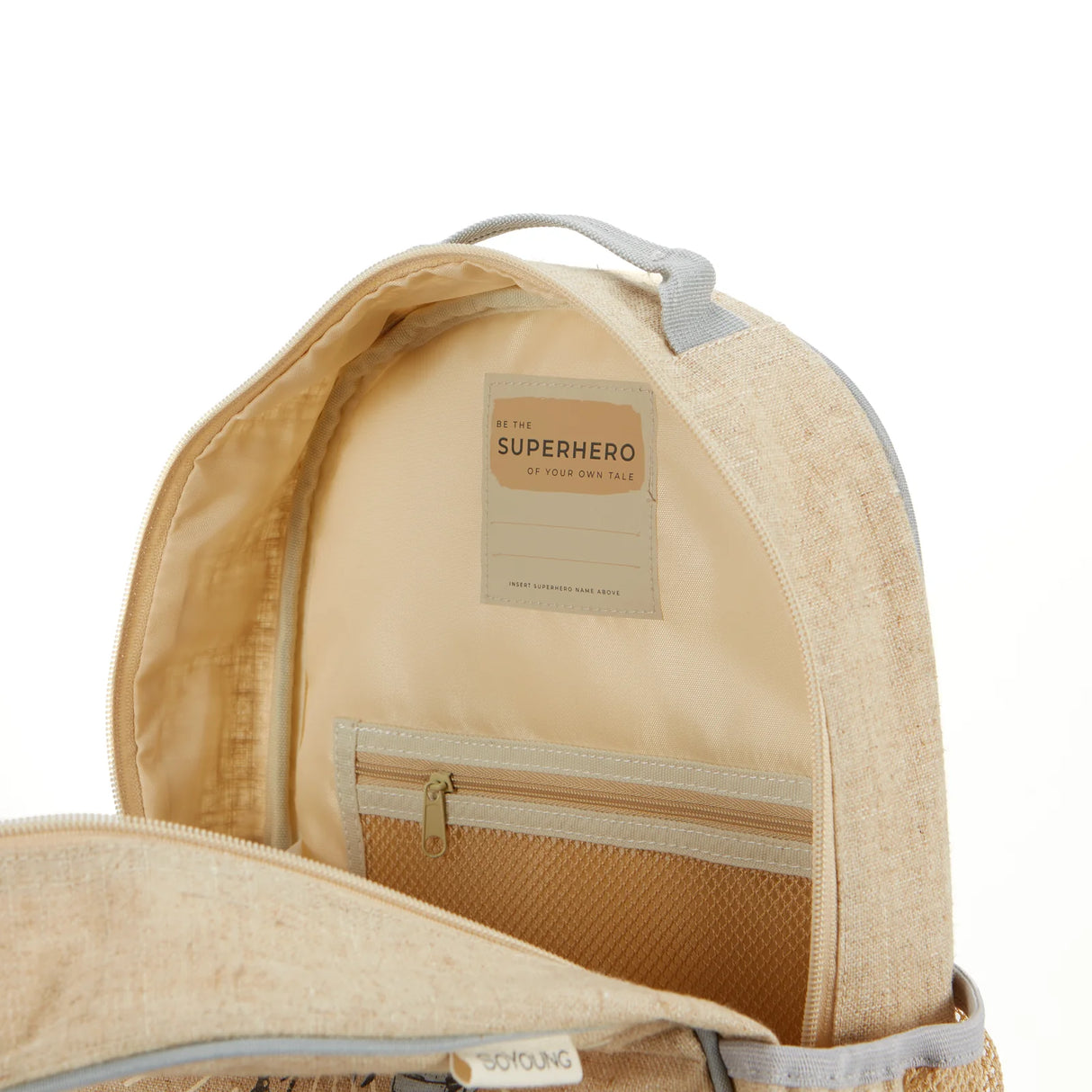 Backpack Toddler | Robot Playdate with beige linen exterior and lined nylon interior with zippered mesh pocket open view