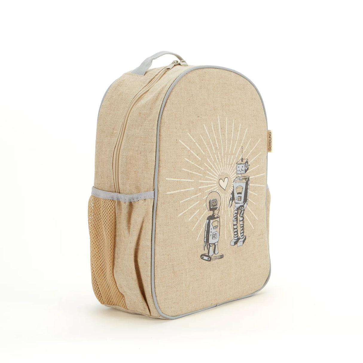 Backpack Toddler | Robot Playdate with beige linen fabric and robot design, perfect for preschool essentials.