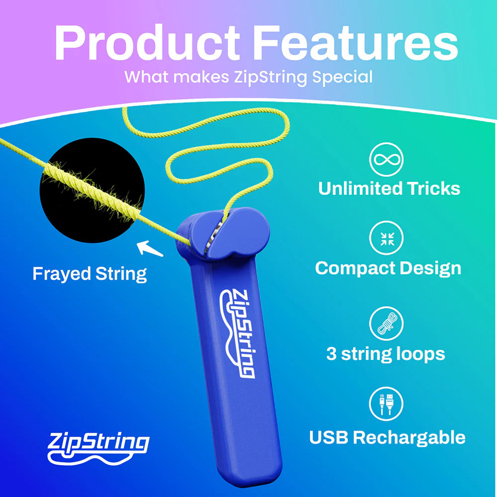 Blue ZipString toy with frayed yellow string and features like unlimited tricks and USB rechargeable design