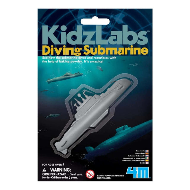 Diving Submarine toy packaging showing a 1950's style plastic submarine for underwater fun with baking powder power.