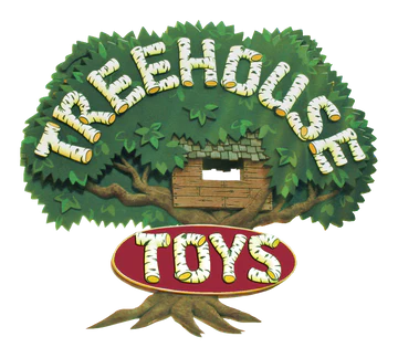 Illustration of a leafy green tree with a wooden treehouse and the text treehouse toys on branches and roots