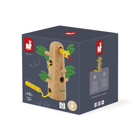 Tropik Lace-Up Tree wooden toy with snake for fine motor skills and concentration, suitable for ages 18 months and up.