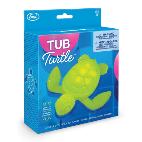 Fred's Tub Turtle bath toy glowing green, designed to light up in water for fun bath and pool play.