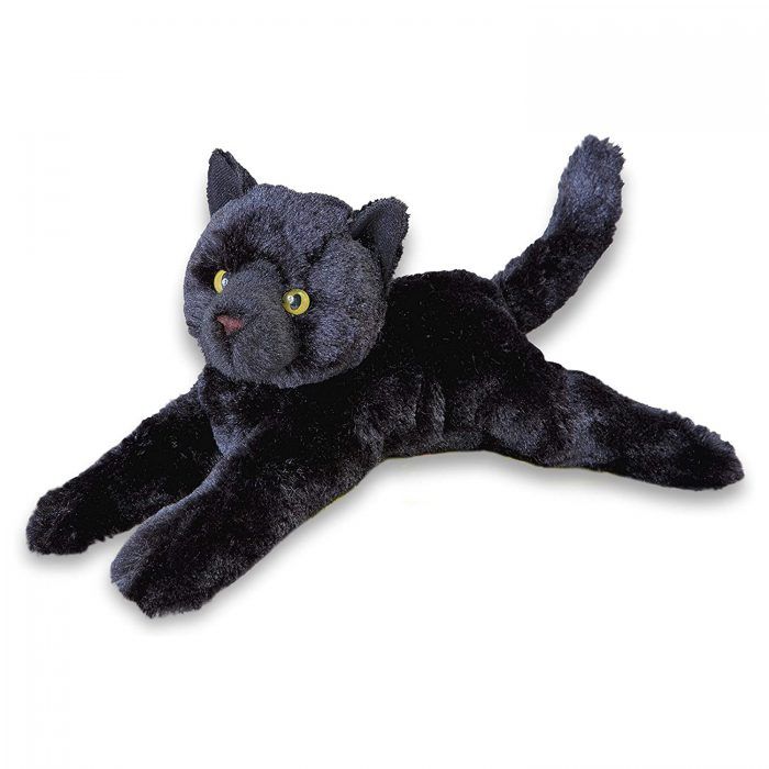 Black Cat Tug plush toy with soft black fur, green eyes, and a lounging pose perfect for cuddling and snuggling.