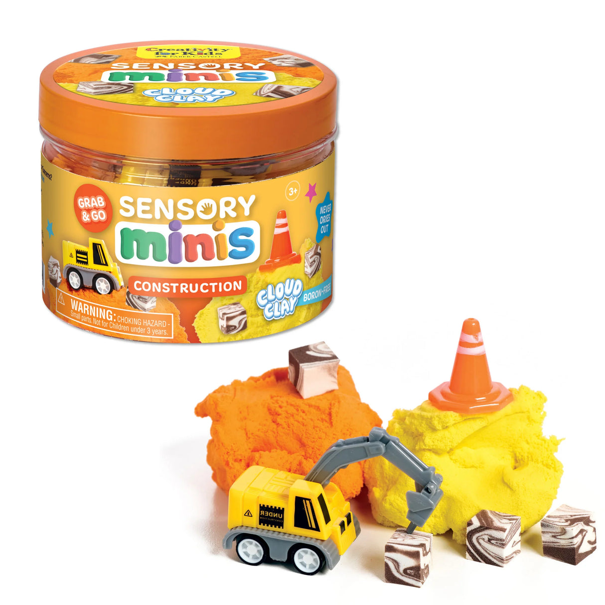 Sensory Minis construction kit with cloud clay, toy excavator, cone, and small collectible pieces for tactile play.