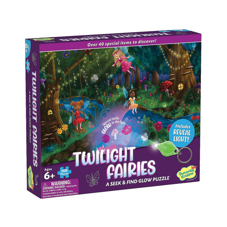 PZ 100pc Seek&Find Fairies puzzle with glow-in-the-dark items and a reveal light for ages 6 and up.