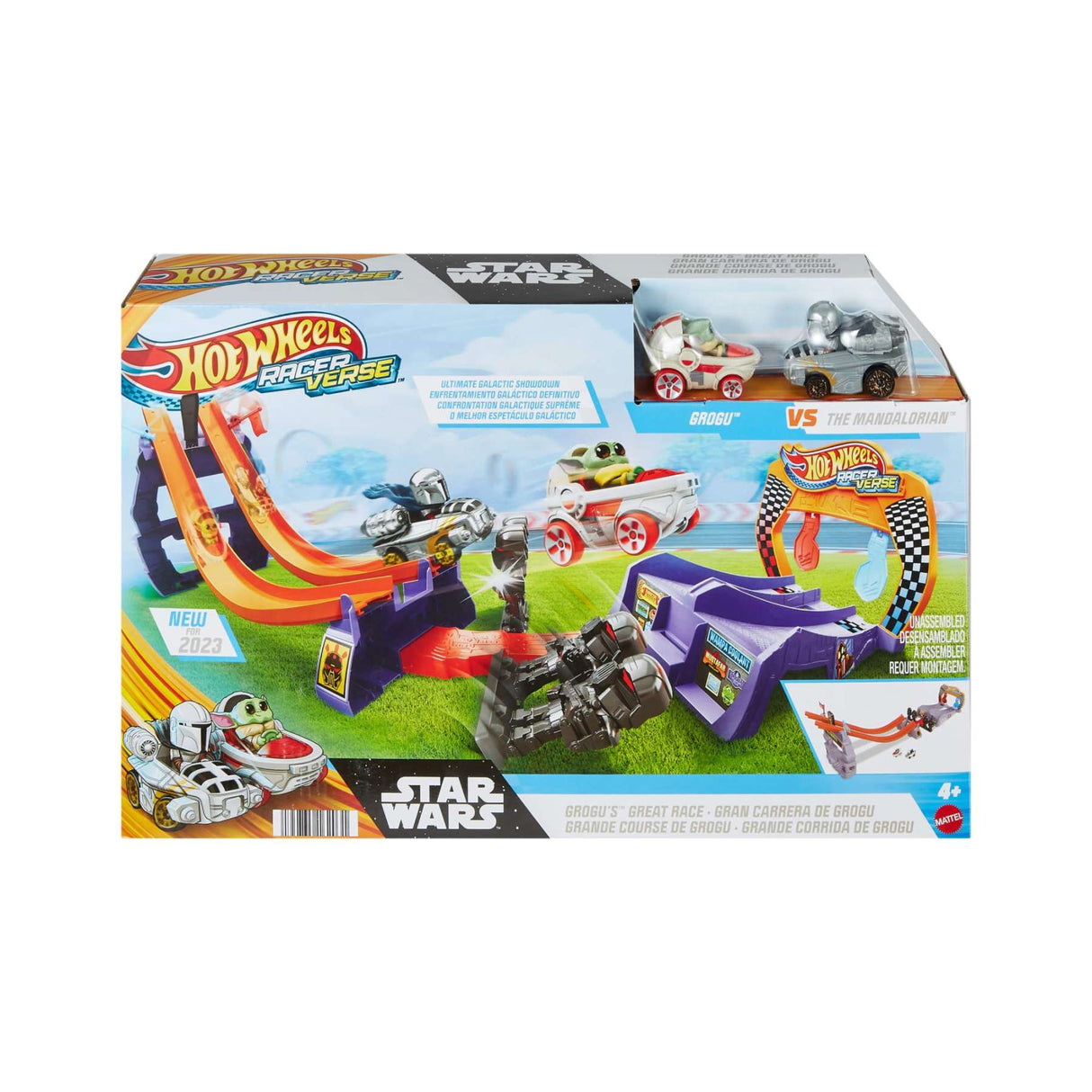 Hot Wheels RacerVerse Star Wars Grogu’s Great Race track set with die-cast Mandalorian and Grogu cars.